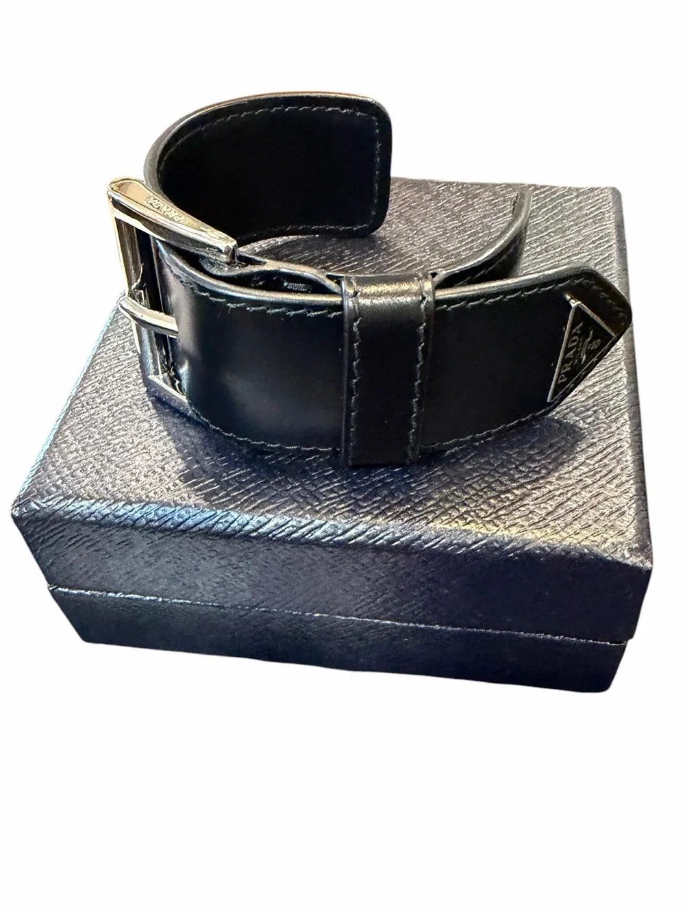 Prada Black Leather Bracelet with Silver-Tone Buckle